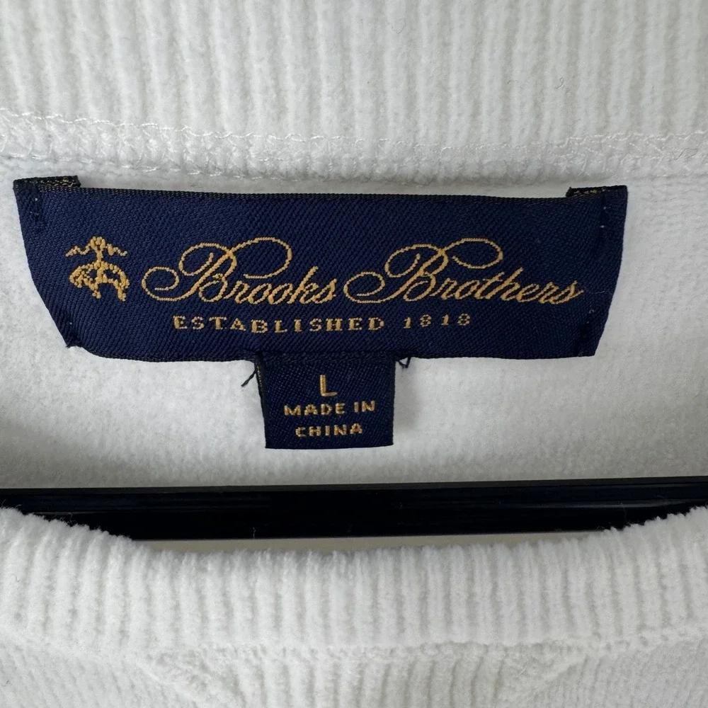 Brooks Brothers Mens White Cotton Crewneck Sweater V-Stitch Ribbed Trim Large